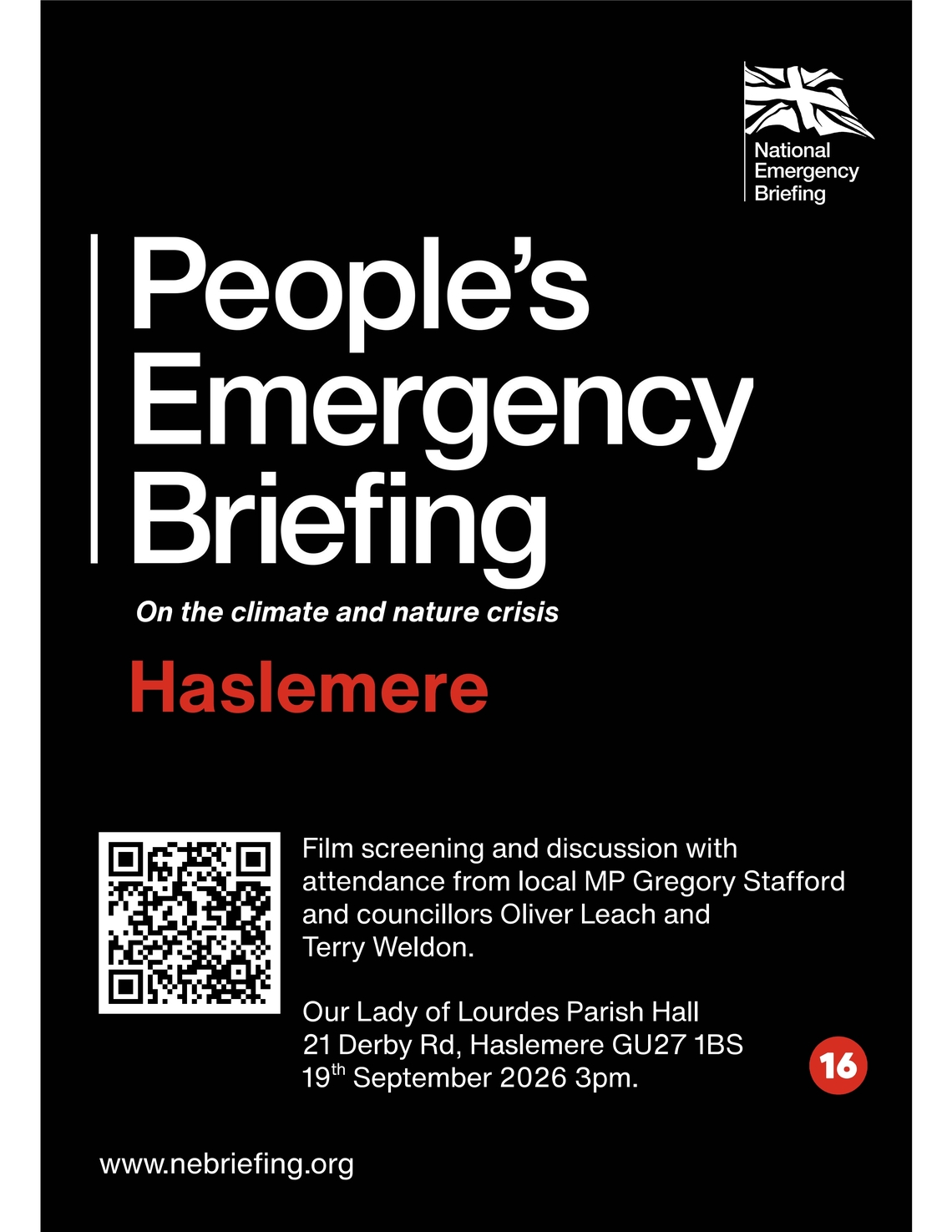 Poster with details of the People's Emergency Briefing, Haslemere